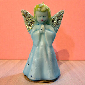 Gurley Christmas Candle Angel Praying Glitter Wings Label MCM Vintage 5" H Unlit